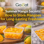 Fresh mangoes stored using different methods, including room temperature, refrigeration, and freezing, for long-lasting freshness by Go Eat