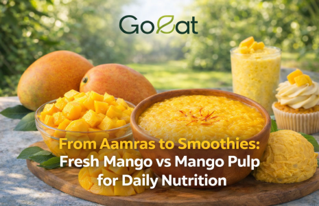 Mango pulp and fresh mango used in aamras, smoothies, and desserts for daily nutrition