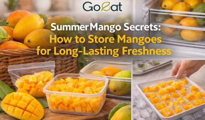 Fresh mangoes stored using different methods, including room temperature, refrigeration, and freezing, for long-lasting freshness by Go Eat